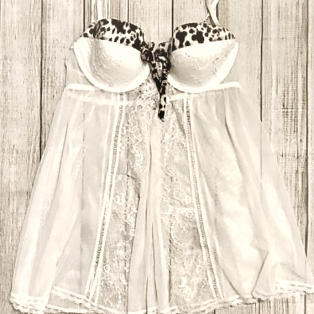 Rare Victoria's Secret Baby doll Lingerie 36B Sheer Leopard Print Pushup Padded